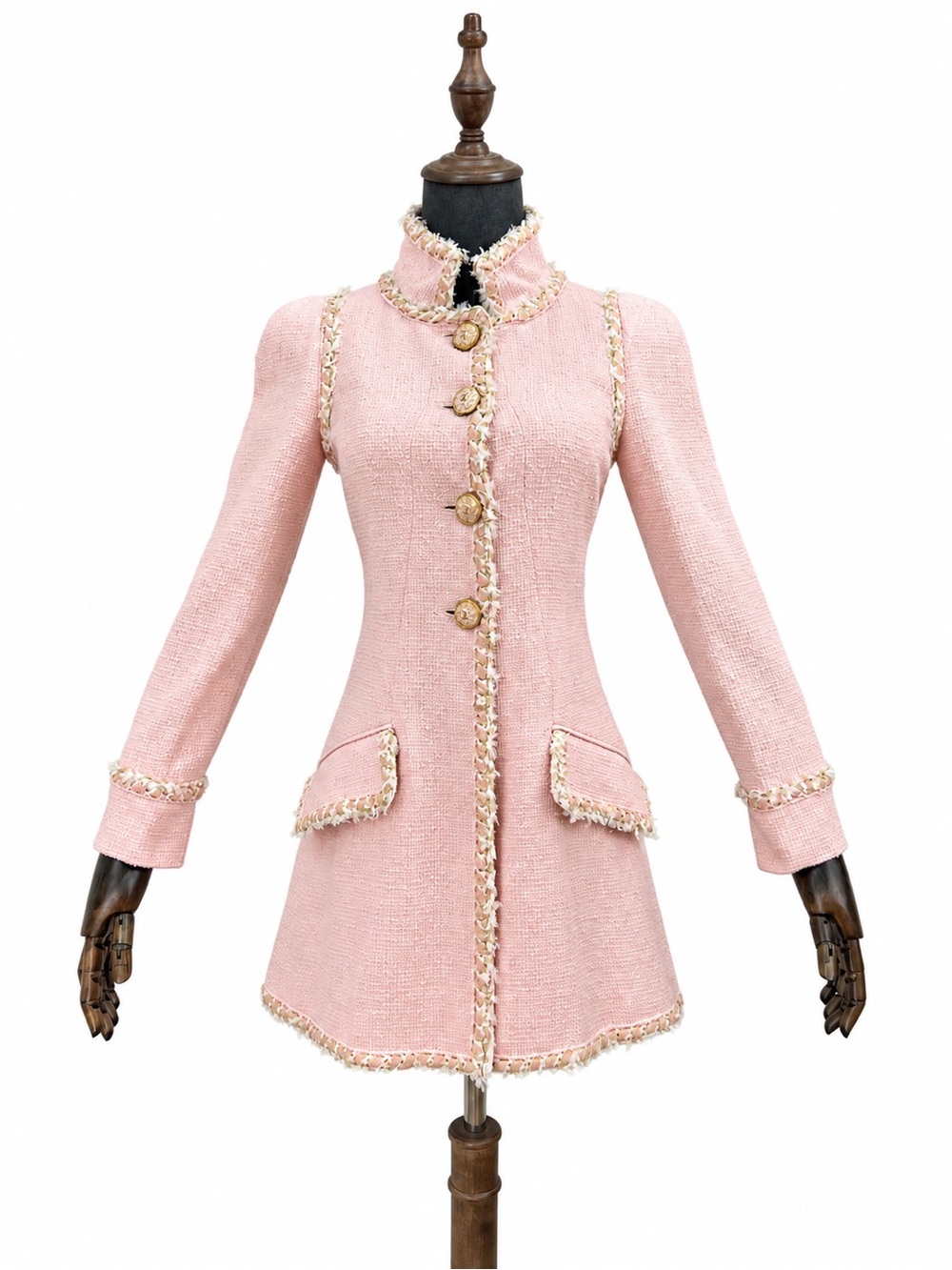 CHANEL Pink Tweed Long Coat with Braided Trim